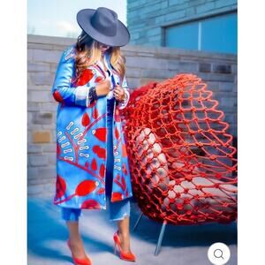 Blue Printed Pocket Jacket Outerwear Cardigan Overcoat Long Trench Coat Size Med